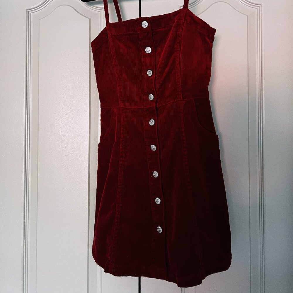 DIVIDED H&M Wine/Burgundy Corduroy Jumper Button-Front Dress with Pockets
